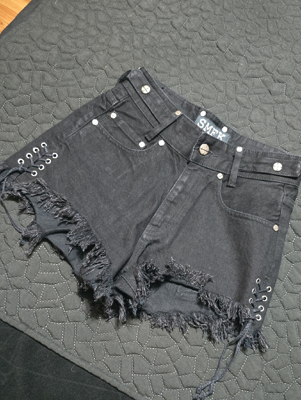 RARE SMFK Black Frayed Lace-Up Denim Shorts for Women